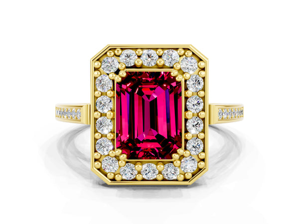 Yellow gold Emerald Cut Garnet Halo Ring with Split Shank and Four-Prong Setting