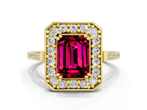 Yellow gold {shape_name} Garnet Halo Ring with Split Shank and Four-Prong Setting