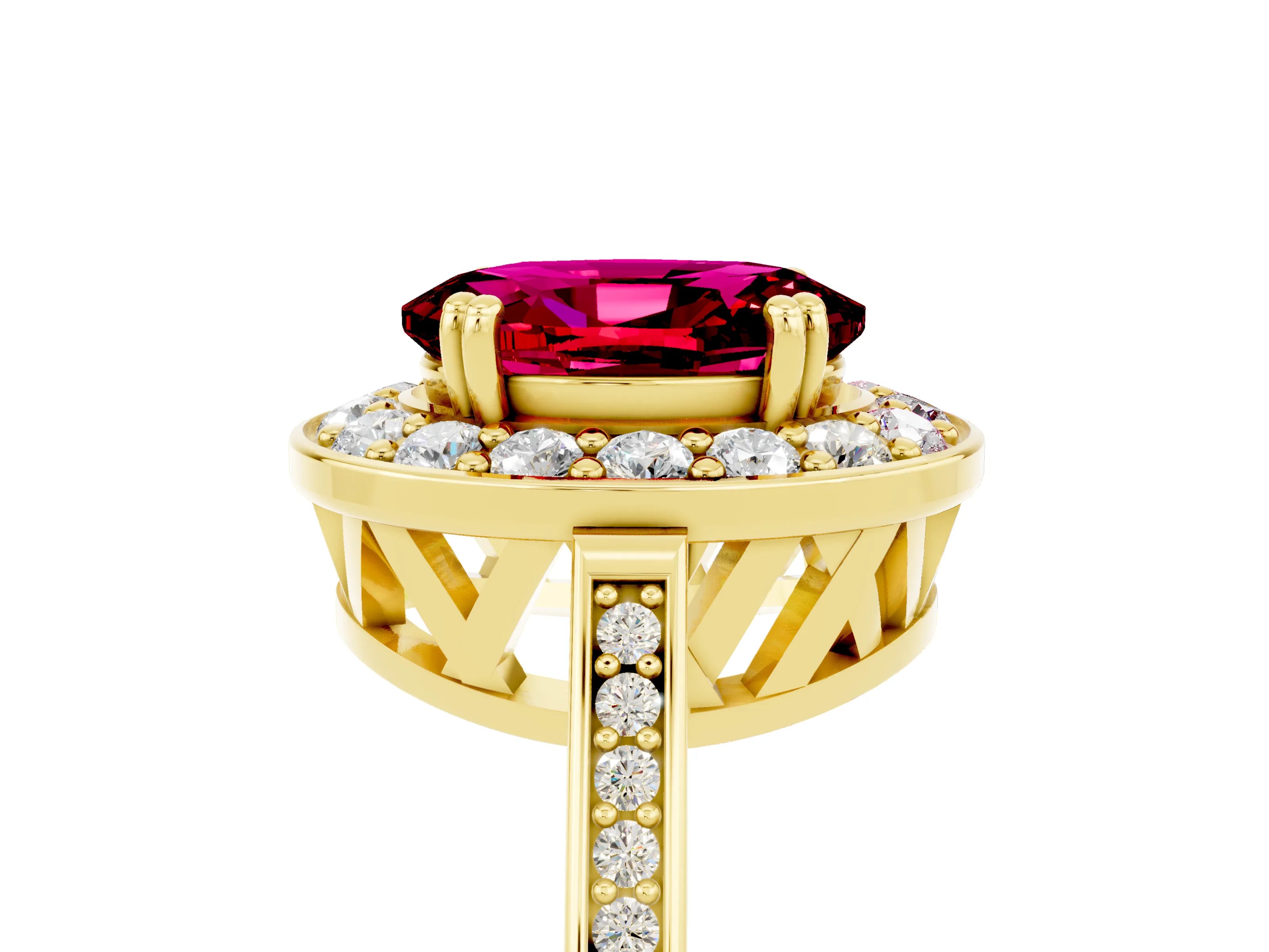 Yellow gold {shape_name} Garnet Halo Ring with Split Shank and Four-Prong Setting_5