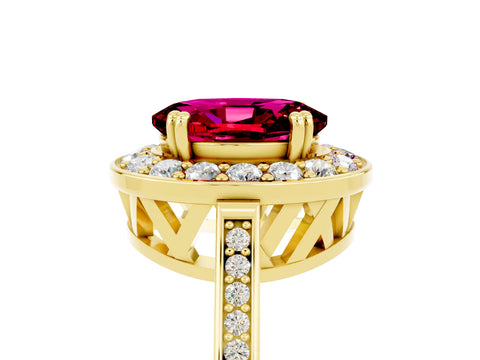 Yellow gold {shape_name} Garnet Halo Ring with Split Shank and Four-Prong Setting_5