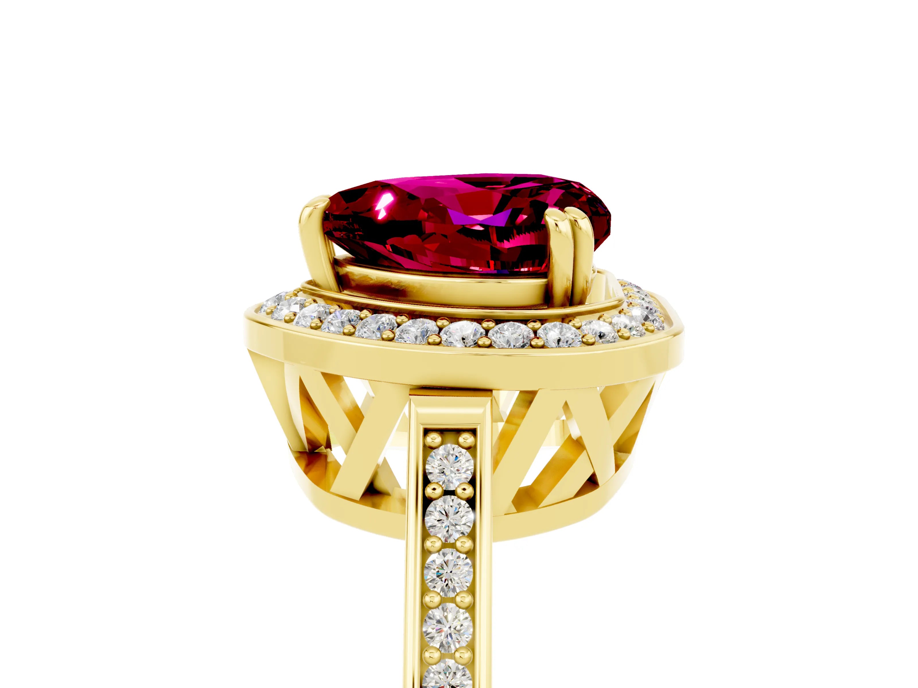 Yellow gold {shape_name} Garnet Halo Ring with Split Shank and Four-Prong Setting_5