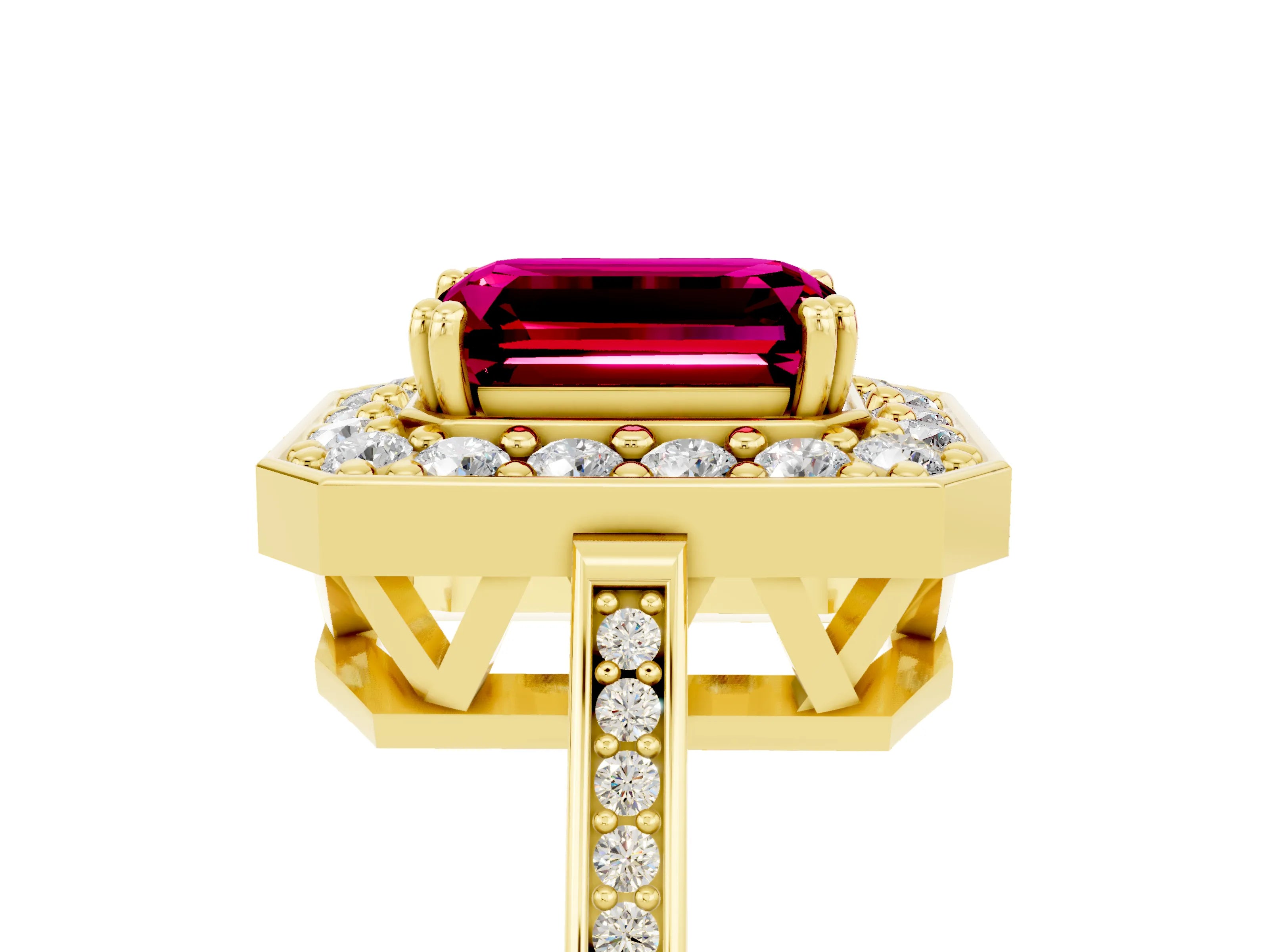 Yellow gold {shape_name} Garnet Halo Ring with Split Shank and Four-Prong Setting_5
