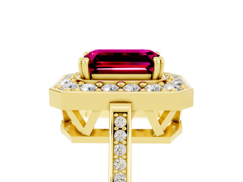 Yellow gold {shape_name} Garnet Halo Ring with Split Shank and Four-Prong Setting_5