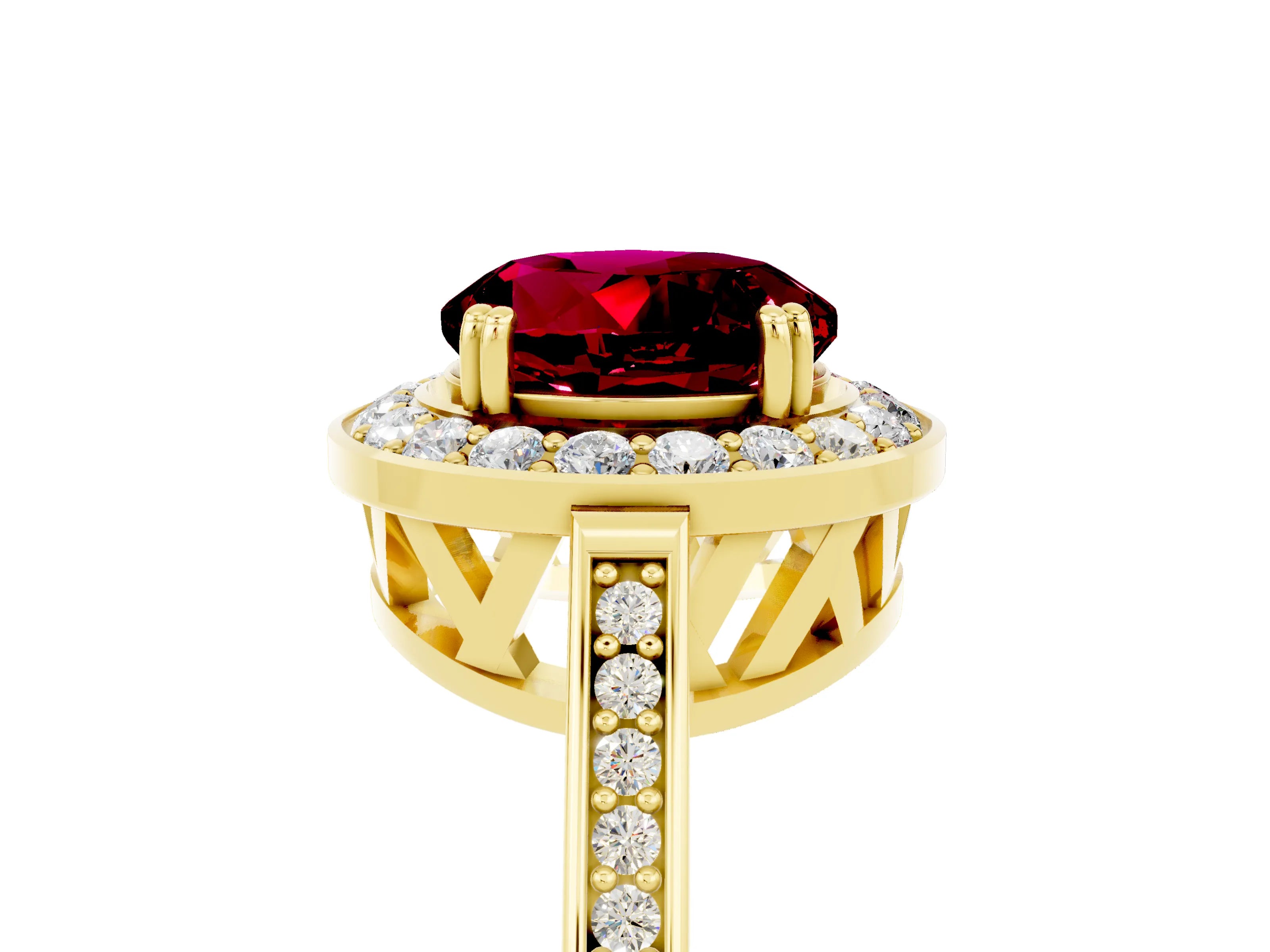 Yellow gold {shape_name} Garnet Halo Ring with Split Shank and Four-Prong Setting_5