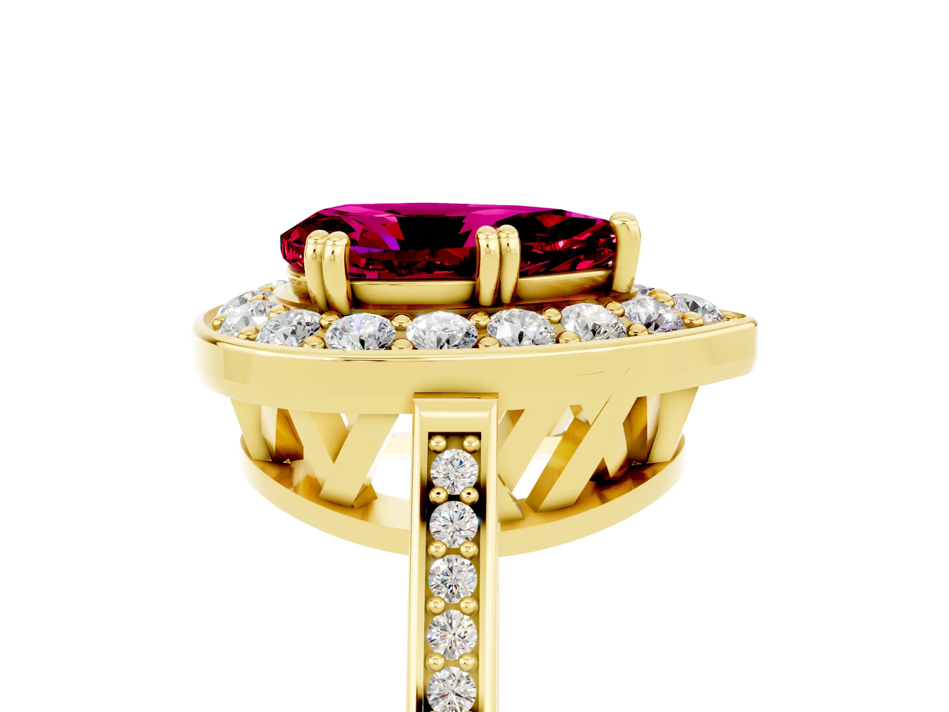 Yellow gold {shape_name} Garnet Halo Ring with Split Shank and Four-Prong Setting_5