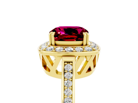 Yellow gold {shape_name} Garnet Halo Ring with Split Shank and Four-Prong Setting_5