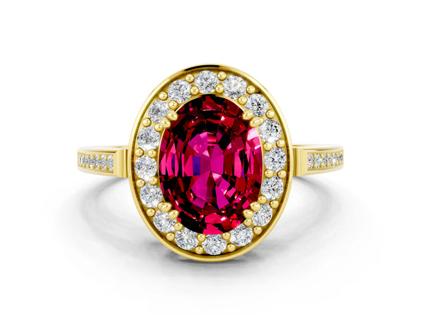 Yellow gold Oval Cut Garnet Halo Ring with Split Shank and Four-Prong Setting