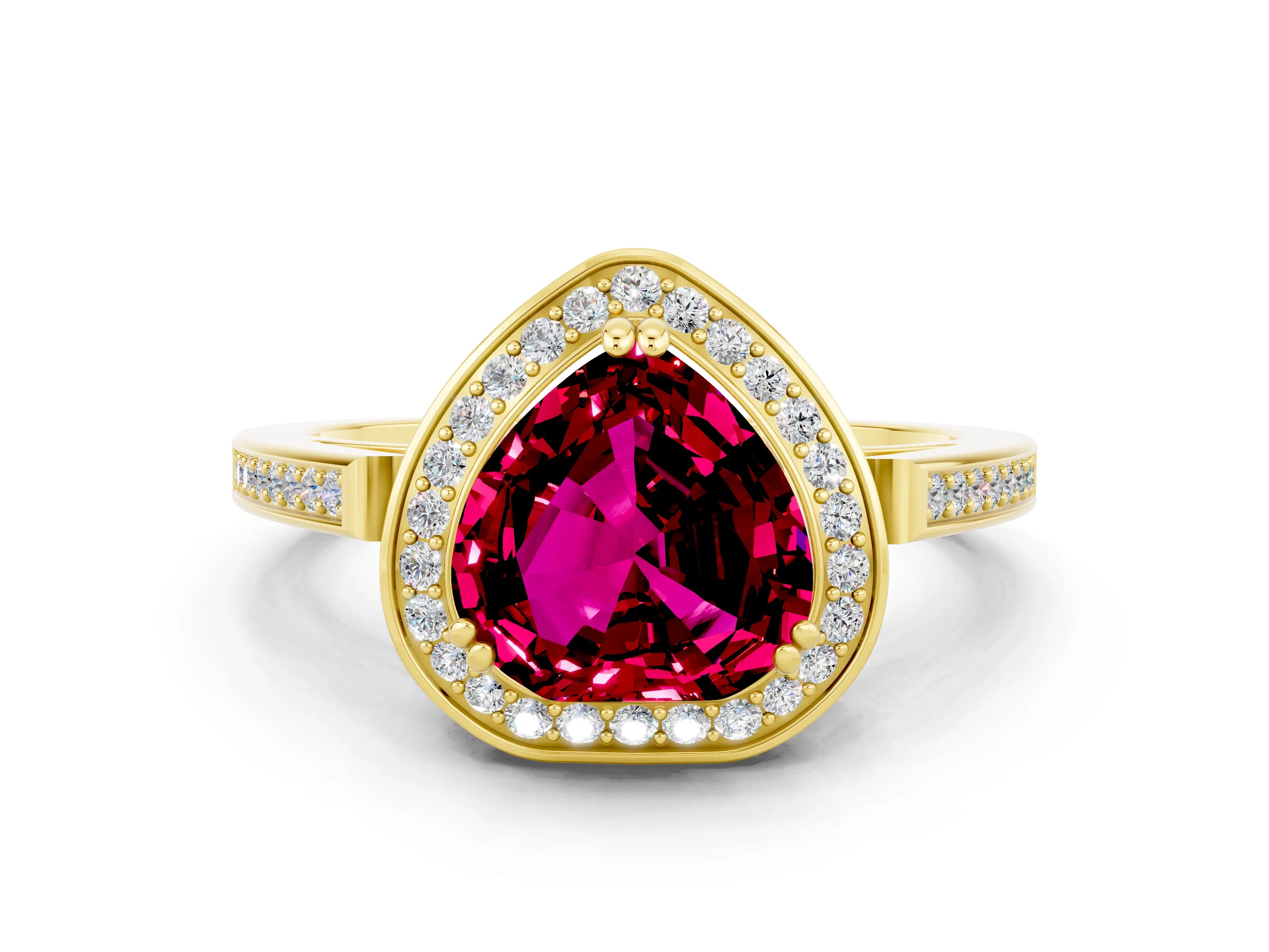 Yellow gold {shape_name} Garnet Halo Ring with Split Shank and Four-Prong Setting