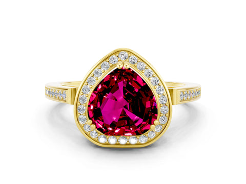 Yellow gold {shape_name} Garnet Halo Ring with Split Shank and Four-Prong Setting
