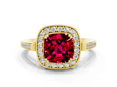 Yellow gold {shape_name} Garnet Halo Ring with Split Shank and Four-Prong Setting
