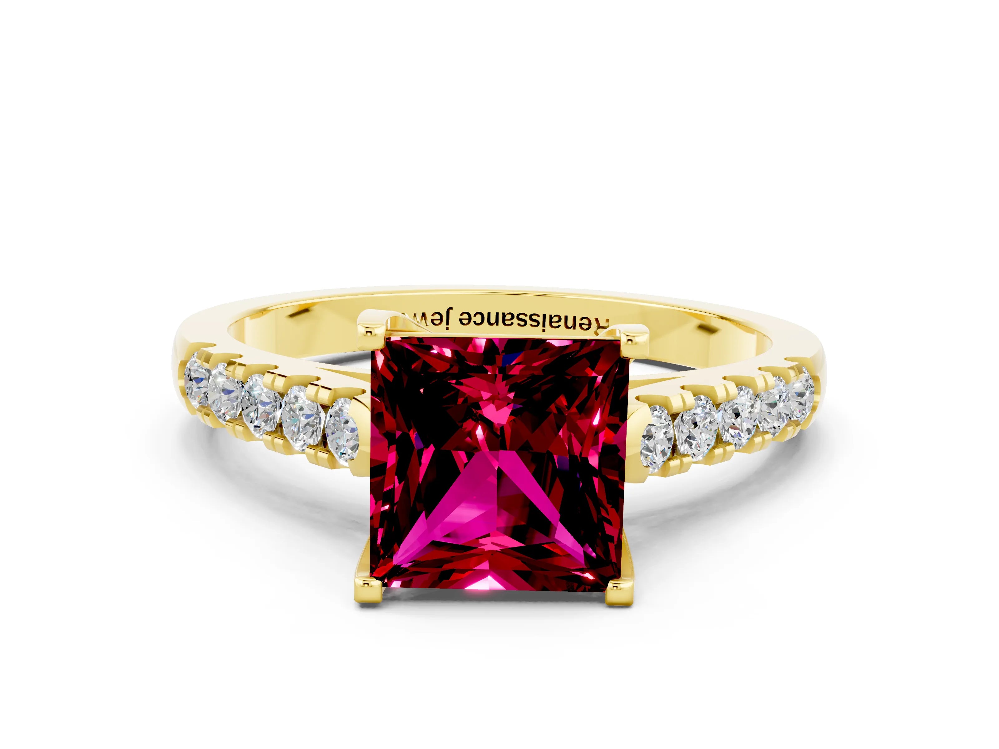 Yellow gold {shape_name} Garnet Solitaire Ring with Pavé Band and Four-Prong Setting