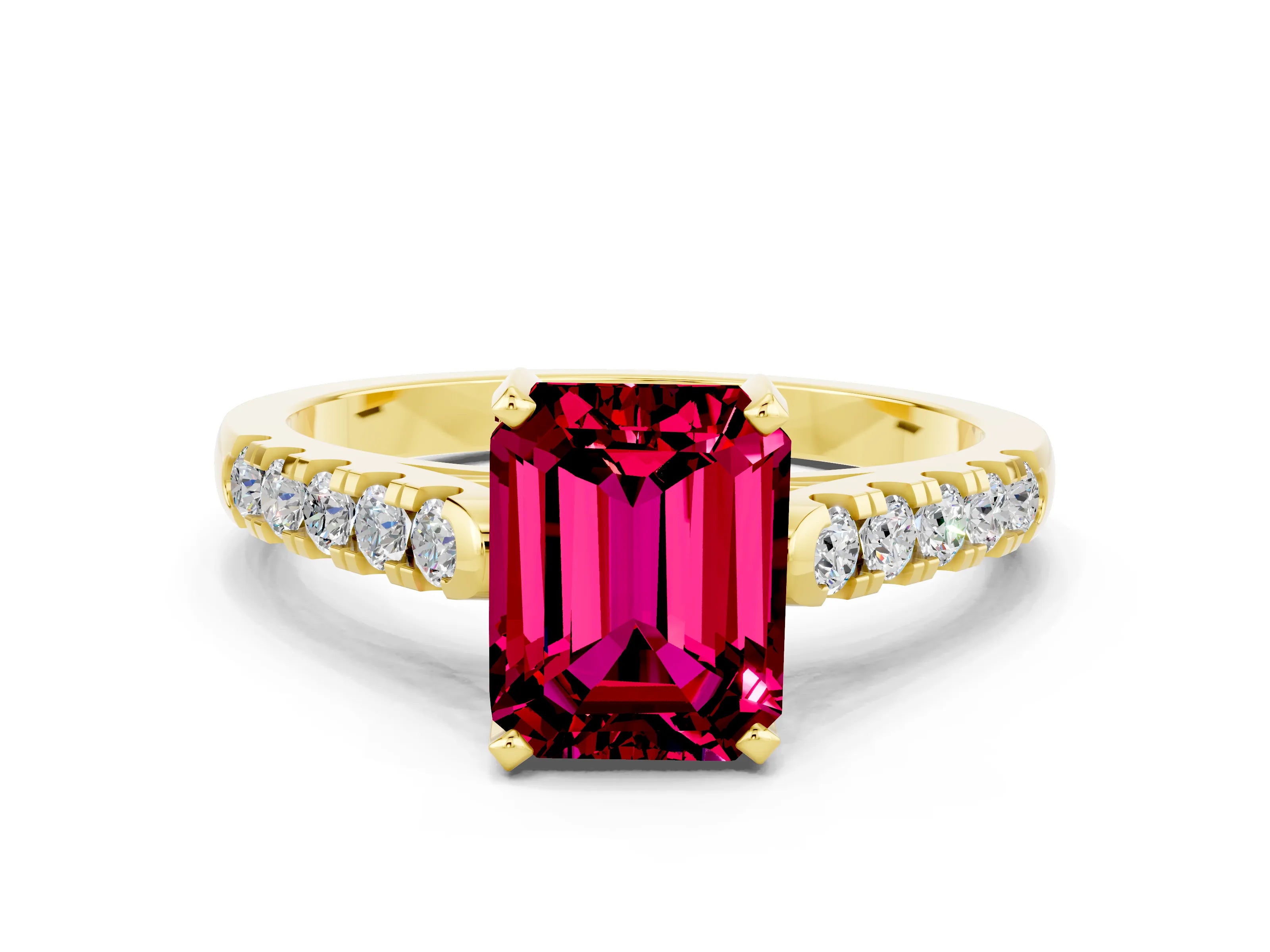 Yellow gold {shape_name} Garnet Solitaire Ring with Pavé Band and Four-Prong Setting