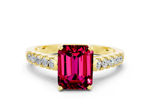 Yellow gold {shape_name} Garnet Solitaire Ring with Pavé Band and Four-Prong Setting