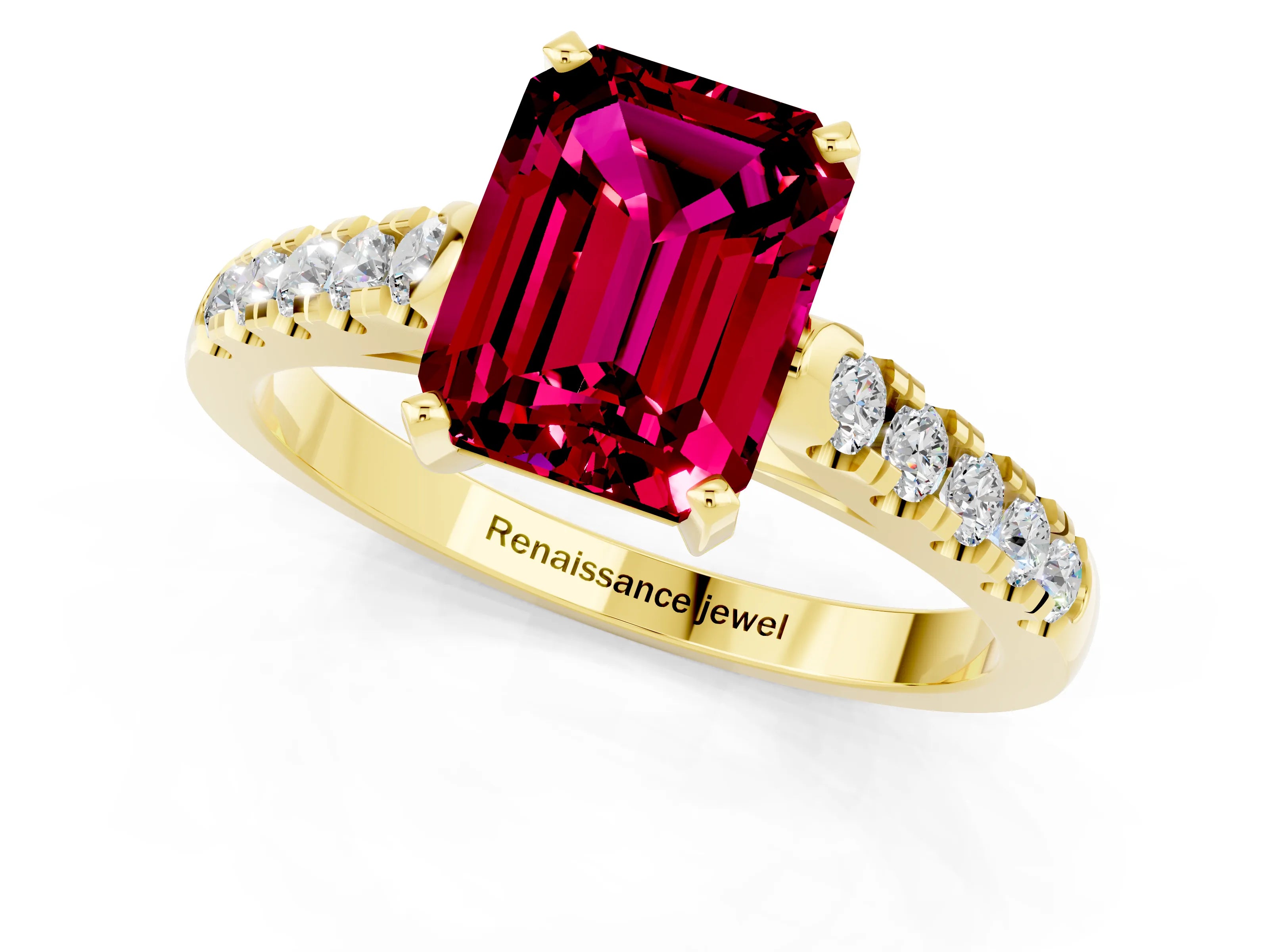 Yellow gold {shape_name} Garnet Solitaire Ring with Pavé Band and Four-Prong Setting_1