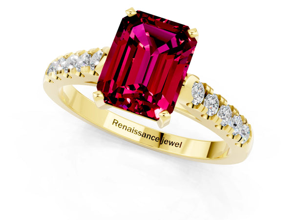 Yellow gold Emerald Cut Garnet Pavé Band Solitaire Ring with Prong Setting