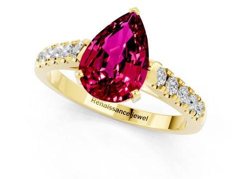 Yellow gold {shape_name} Garnet Solitaire Ring with Pavé Band and Four-Prong Setting_1