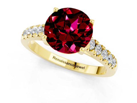 Yellow gold {shape_name} Garnet Solitaire Ring with Pavé Band and Four-Prong Setting_1