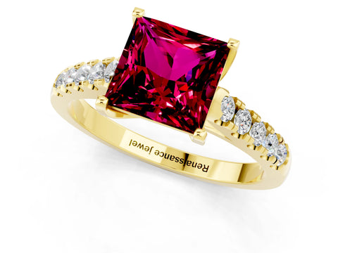 Yellow gold {shape_name} Garnet Solitaire Ring with Pavé Band and Four-Prong Setting_1