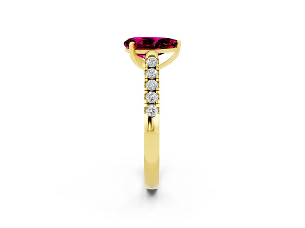 Yellow gold Pear Cut Garnet Pavé Band Solitaire Ring with Prong Setting