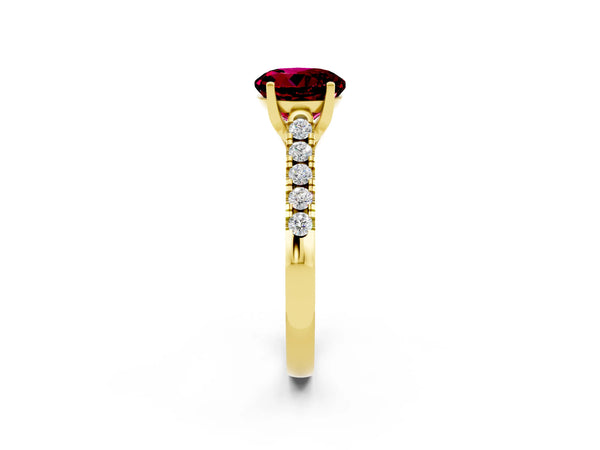 Yellow gold Round Cut Garnet Pavé Band Solitaire Ring with Prong Setting