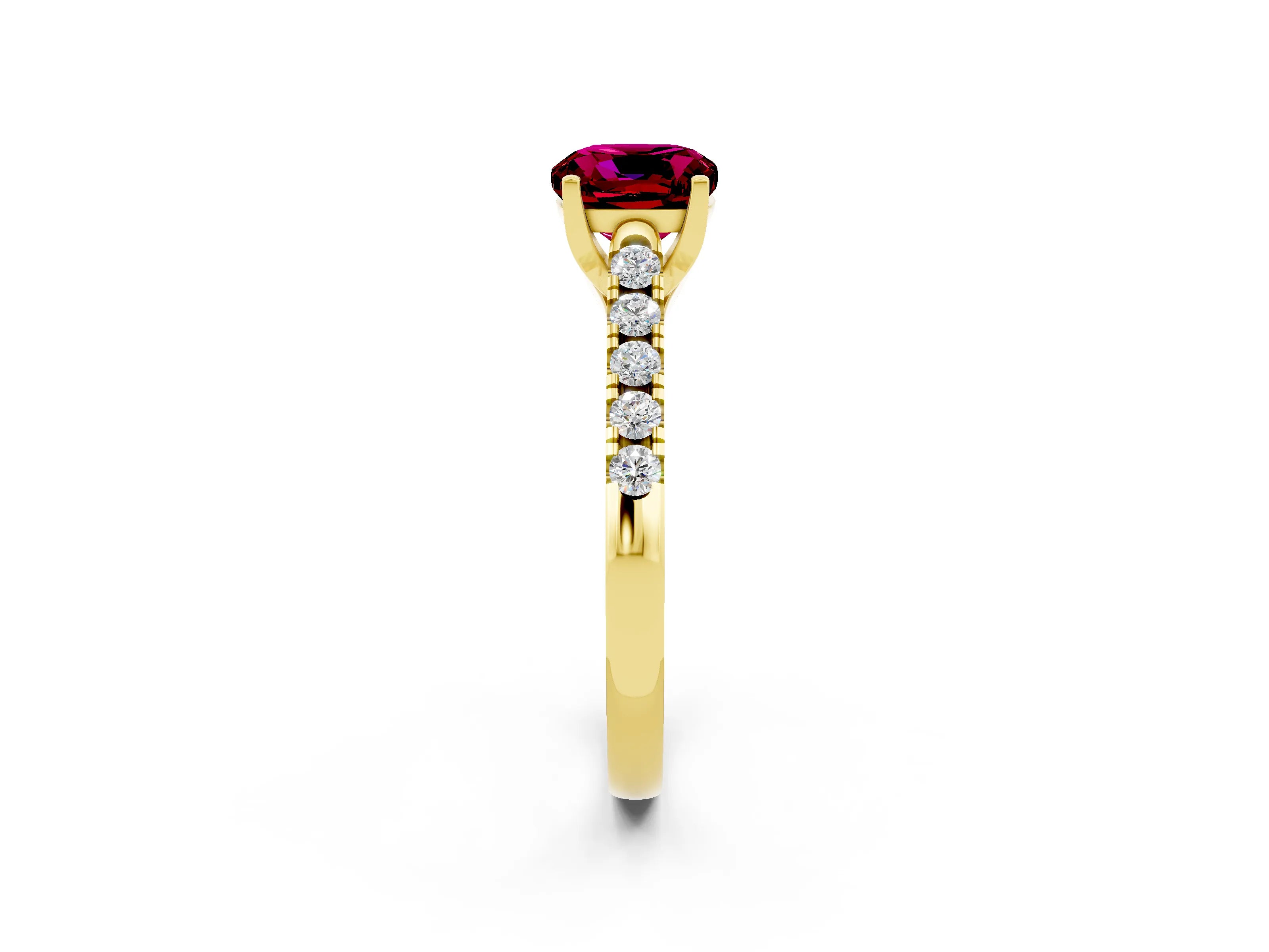Yellow gold {shape_name} Garnet Solitaire Ring with Pavé Band and Four-Prong Setting_2