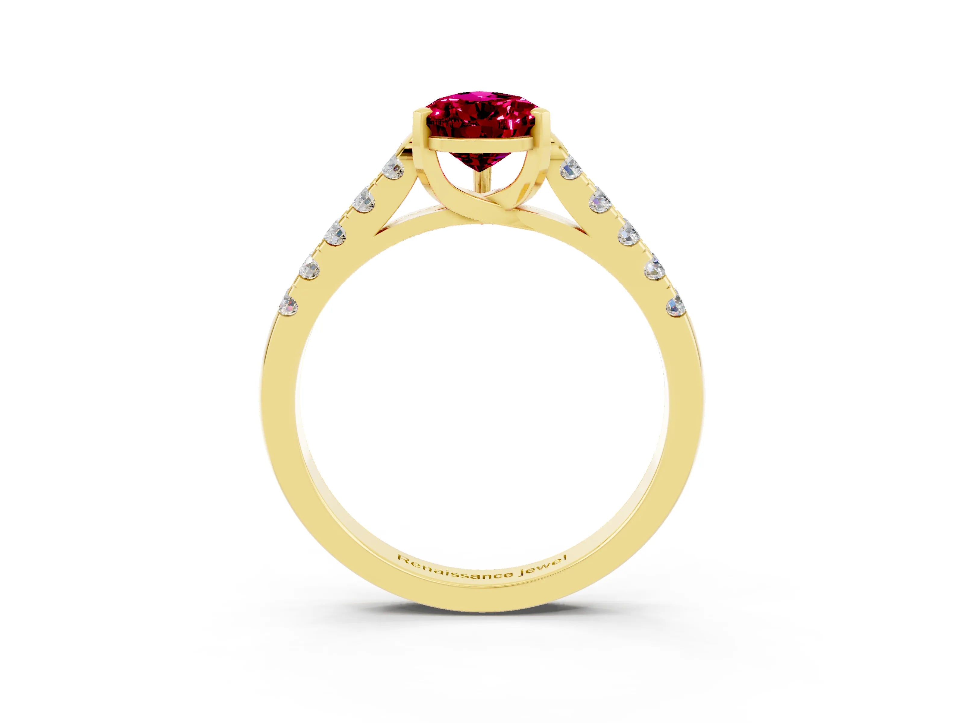 Yellow gold {shape_name} Garnet Solitaire Ring with Pavé Band and Four-Prong Setting_3