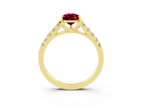 Yellow gold Pear Cut Garnet Pavé Band Solitaire Ring with Prong Setting