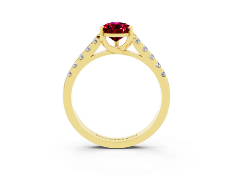 Yellow gold {shape_name} Garnet Solitaire Ring with Pavé Band and Four-Prong Setting_3