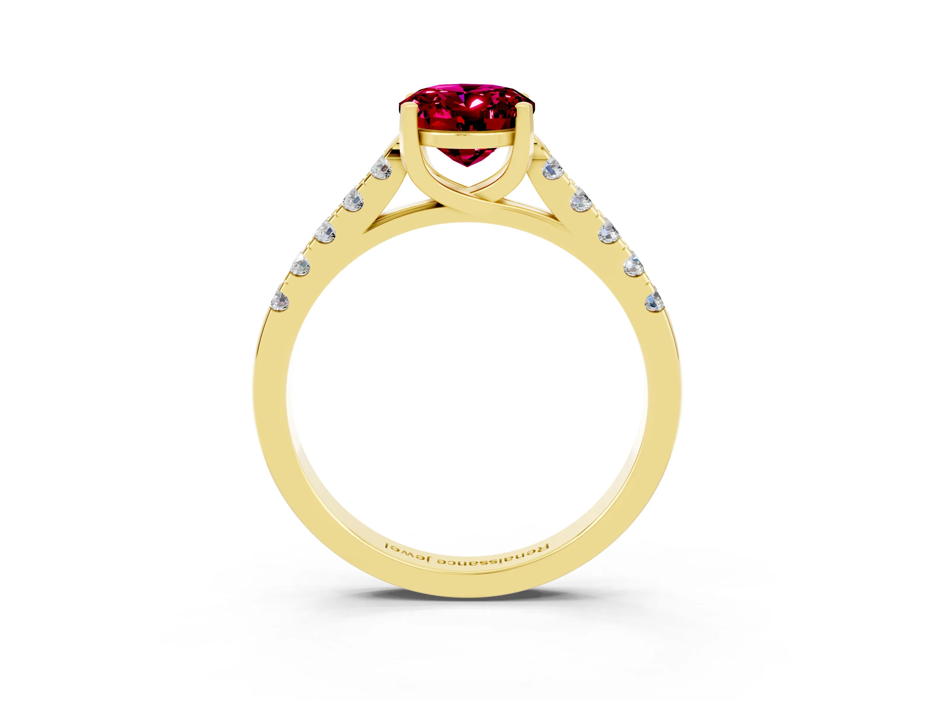 Yellow gold {shape_name} Garnet Solitaire Ring with Pavé Band and Four-Prong Setting_3