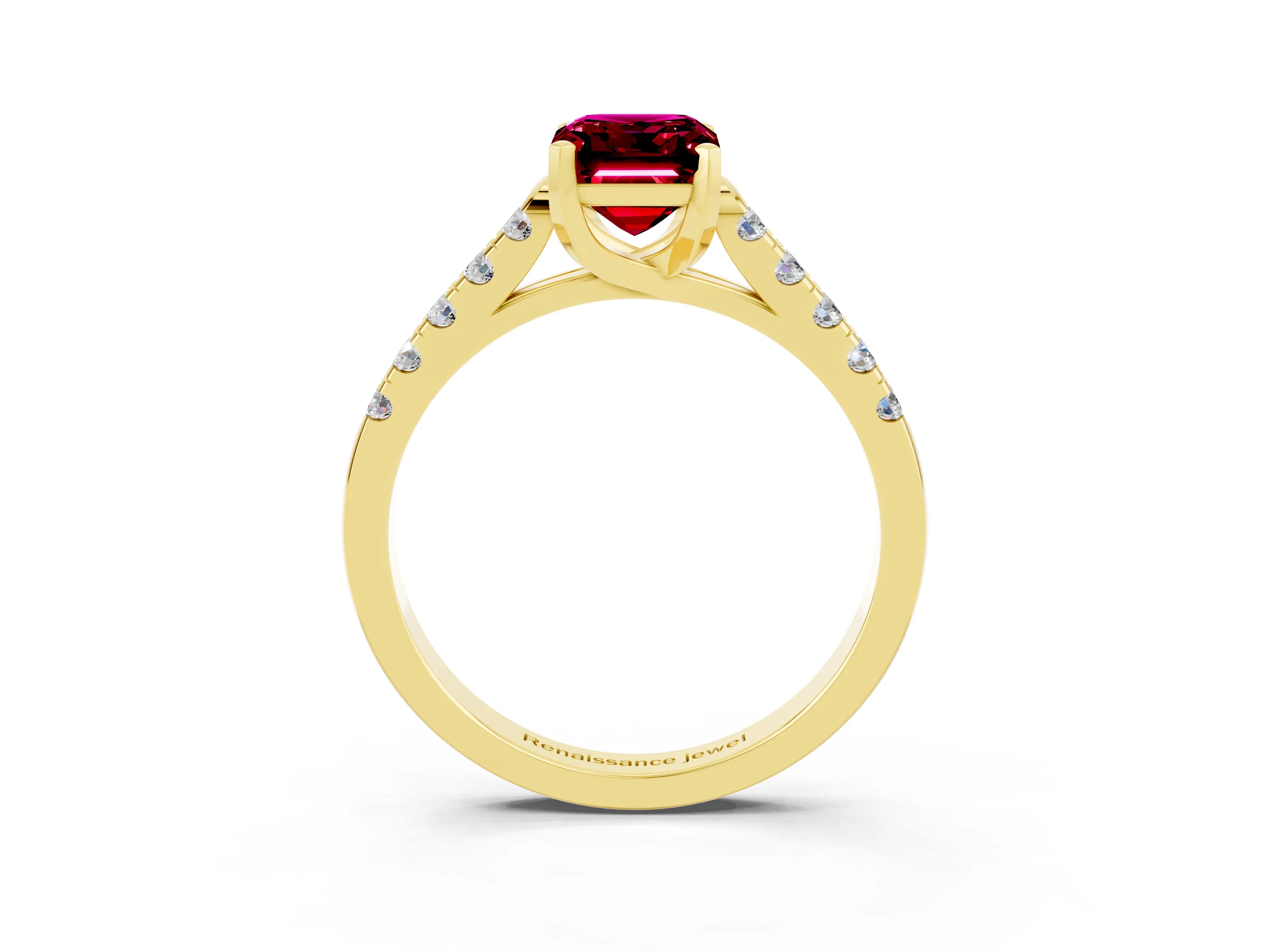 Yellow gold {shape_name} Garnet Solitaire Ring with Pavé Band and Four-Prong Setting_3