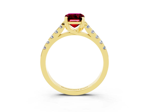 Yellow gold Emerald Cut Garnet Pavé Band Solitaire Ring with Prong Setting