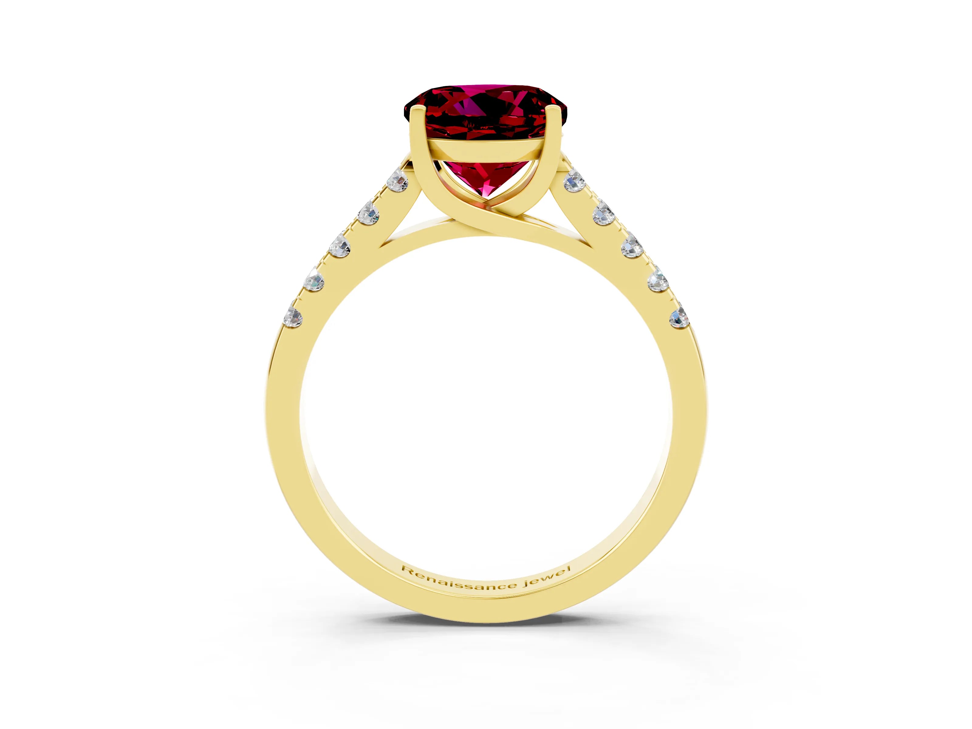 Yellow gold {shape_name} Garnet Solitaire Ring with Pavé Band and Four-Prong Setting_3