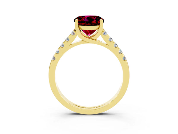 Yellow gold Round Cut Garnet Pavé Band Solitaire Ring with Prong Setting