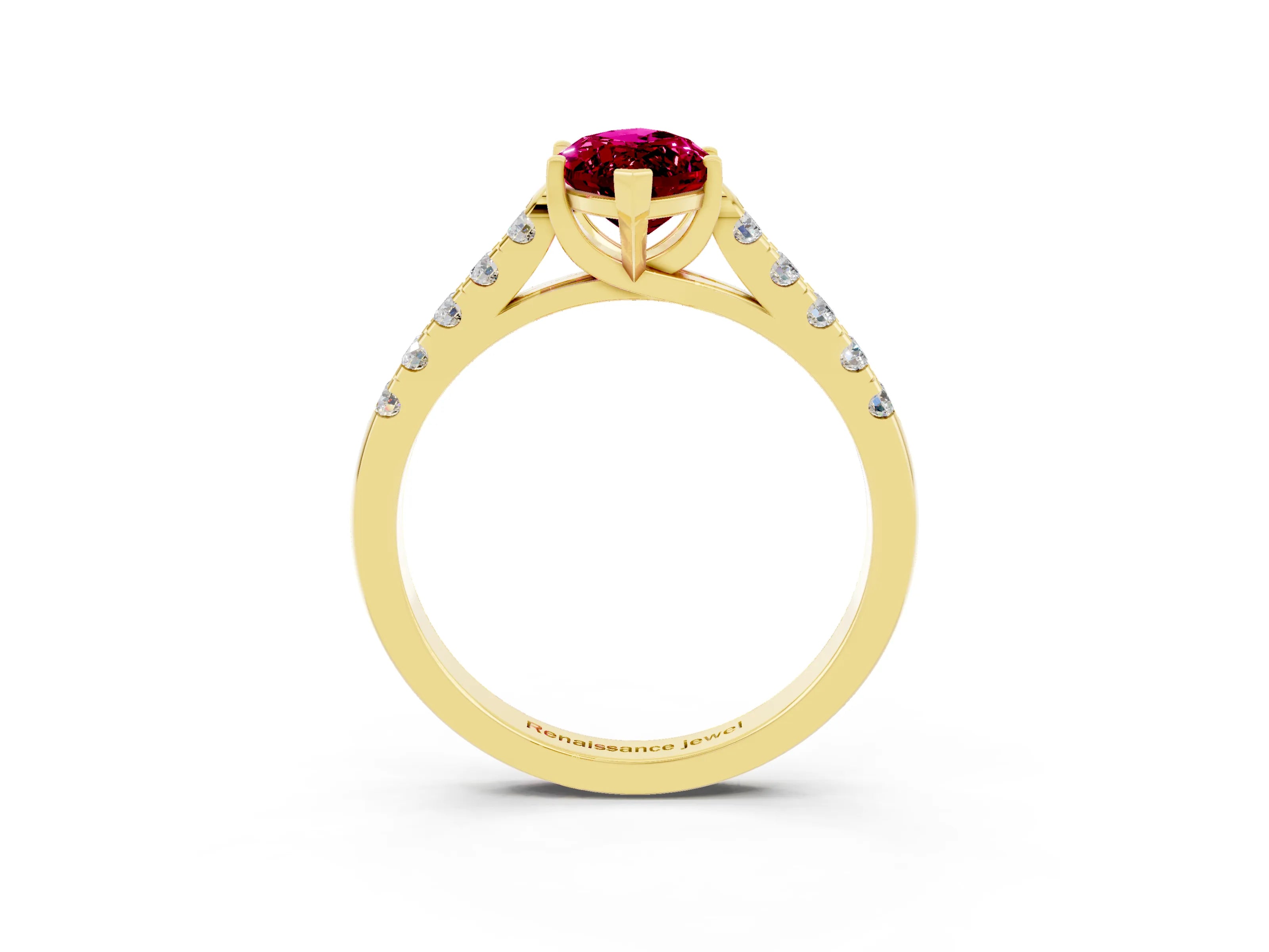 Yellow gold {shape_name} Garnet Solitaire Ring with Pavé Band and Four-Prong Setting_3