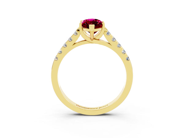 Yellow gold Marquise Cut Garnet Pavé Band Solitaire Ring with Prong Setting