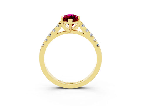 Yellow gold {shape_name} Garnet Solitaire Ring with Pavé Band and Four-Prong Setting_3
