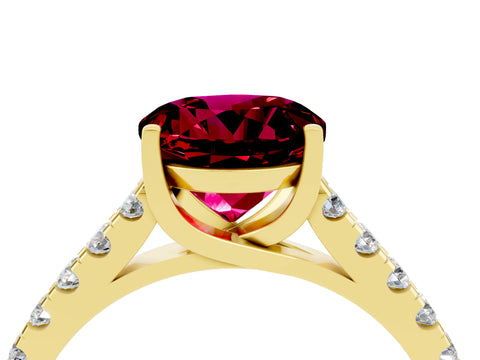 Yellow gold {shape_name} Garnet Solitaire Ring with Pavé Band and Four-Prong Setting_4