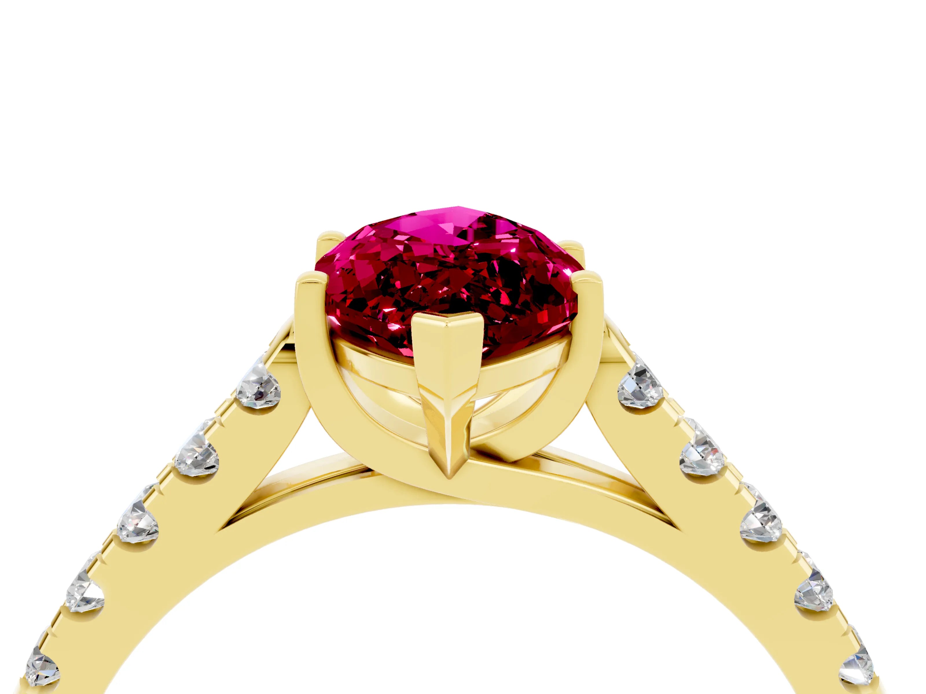 Yellow gold {shape_name} Garnet Solitaire Ring with Pavé Band and Four-Prong Setting_4