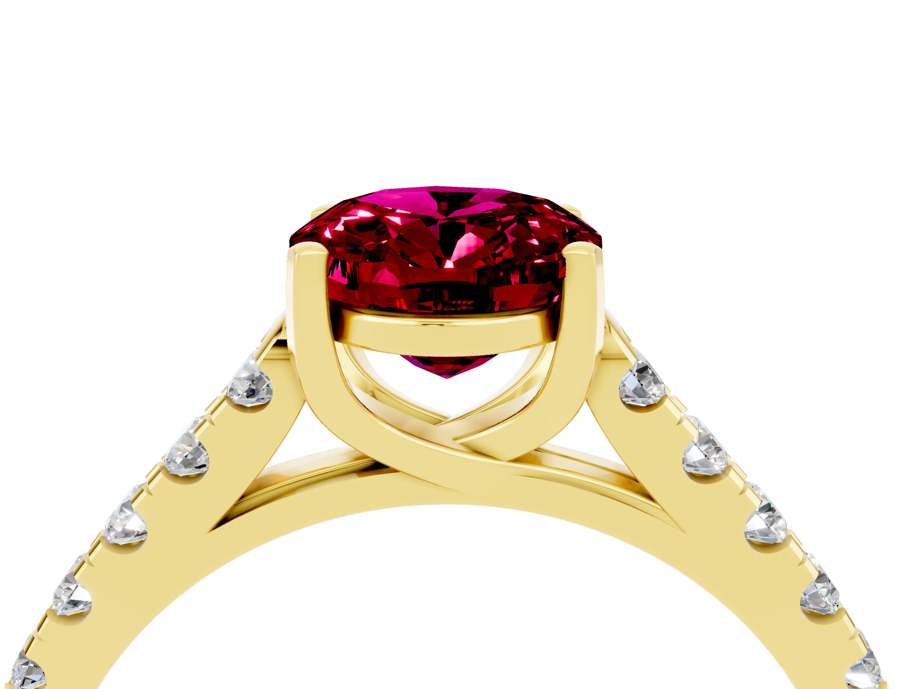 Yellow gold {shape_name} Garnet Solitaire Ring with Pavé Band and Four-Prong Setting_4