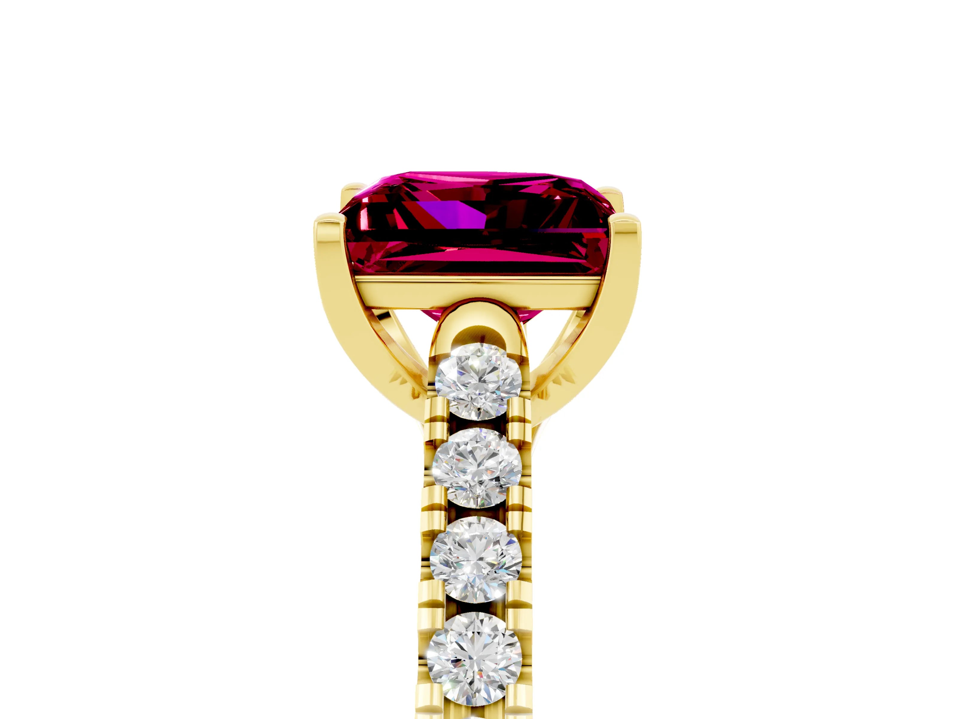 Yellow gold {shape_name} Garnet Solitaire Ring with Pavé Band and Four-Prong Setting_5