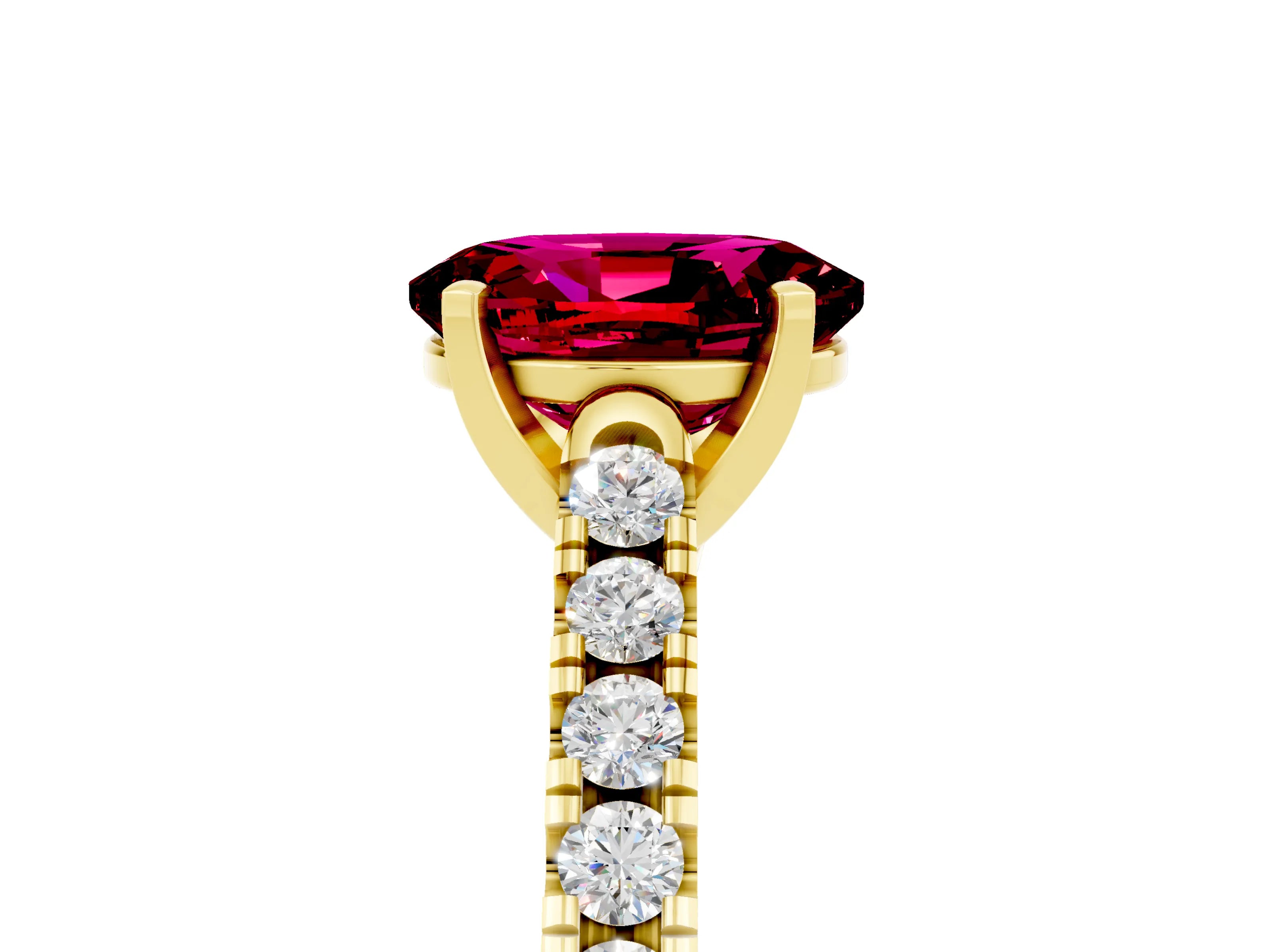 Yellow gold {shape_name} Garnet Solitaire Ring with Pavé Band and Four-Prong Setting_5