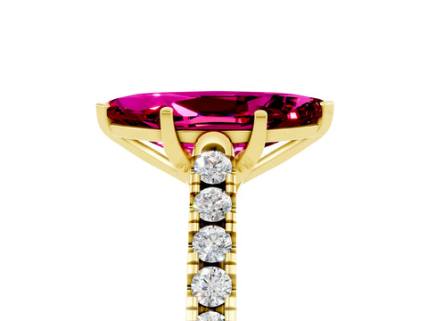 Yellow gold {shape_name} Garnet Solitaire Ring with Pavé Band and Four-Prong Setting_5