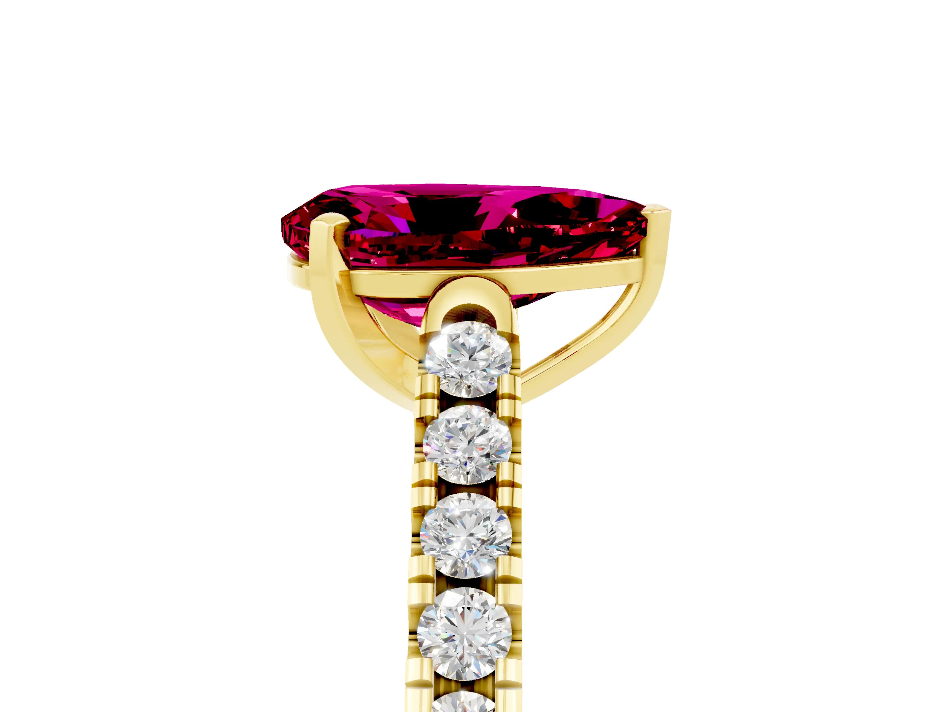 Yellow gold {shape_name} Garnet Solitaire Ring with Pavé Band and Four-Prong Setting_5