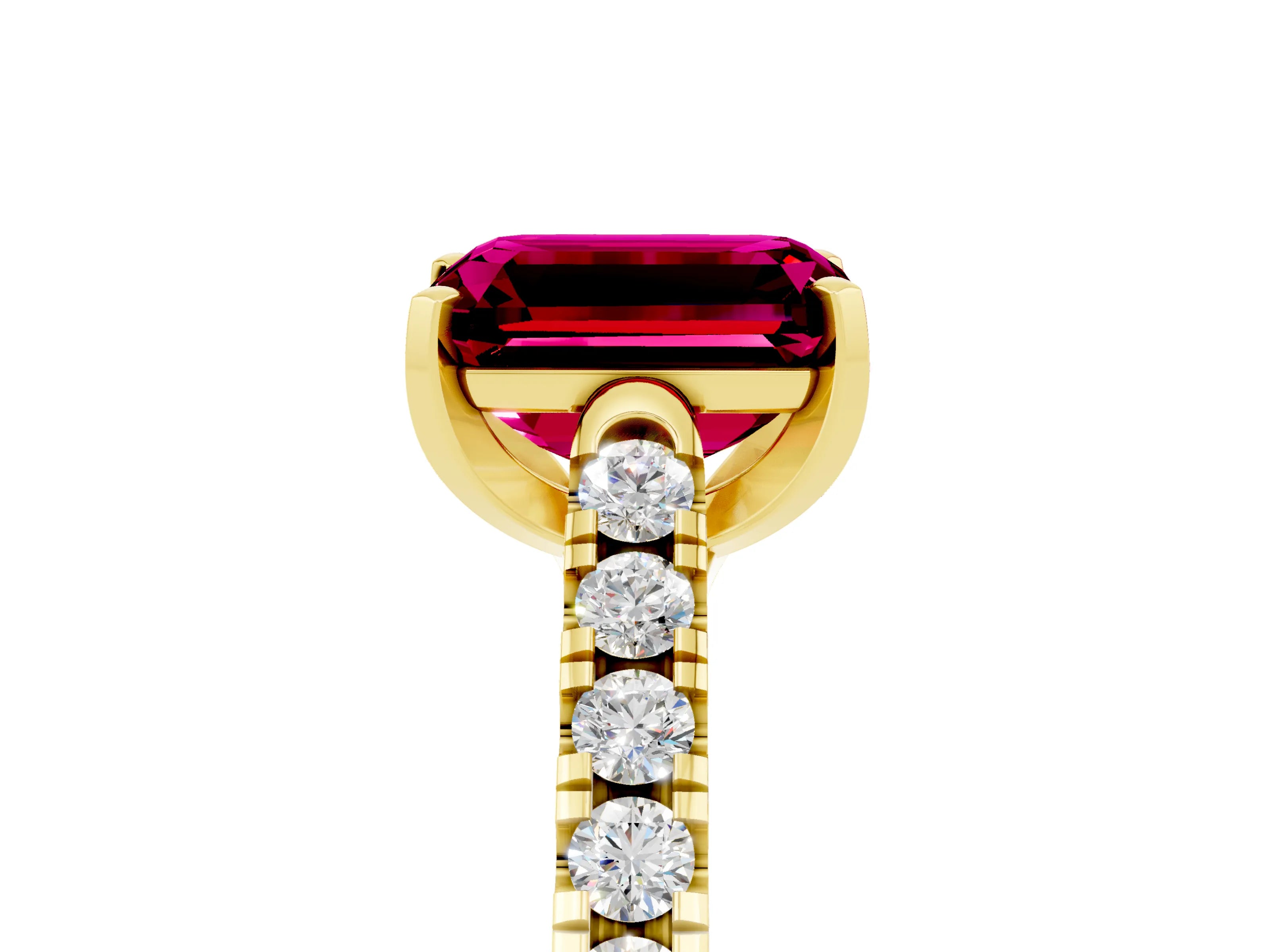 Yellow gold {shape_name} Garnet Solitaire Ring with Pavé Band and Four-Prong Setting_5