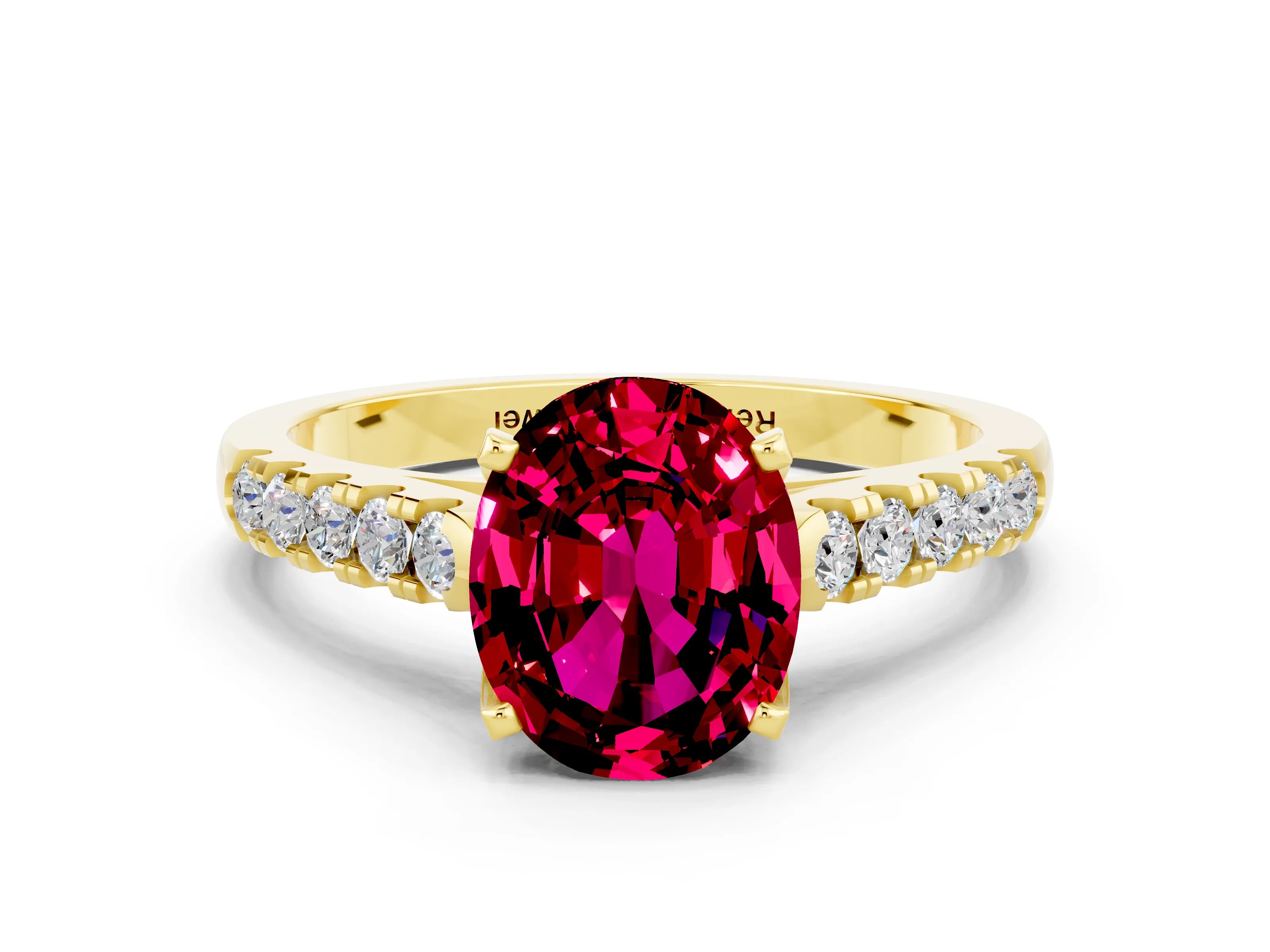 Yellow gold {shape_name} Garnet Solitaire Ring with Pavé Band and Four-Prong Setting