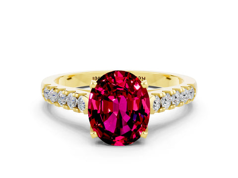 Yellow gold {shape_name} Garnet Solitaire Ring with Pavé Band and Four-Prong Setting