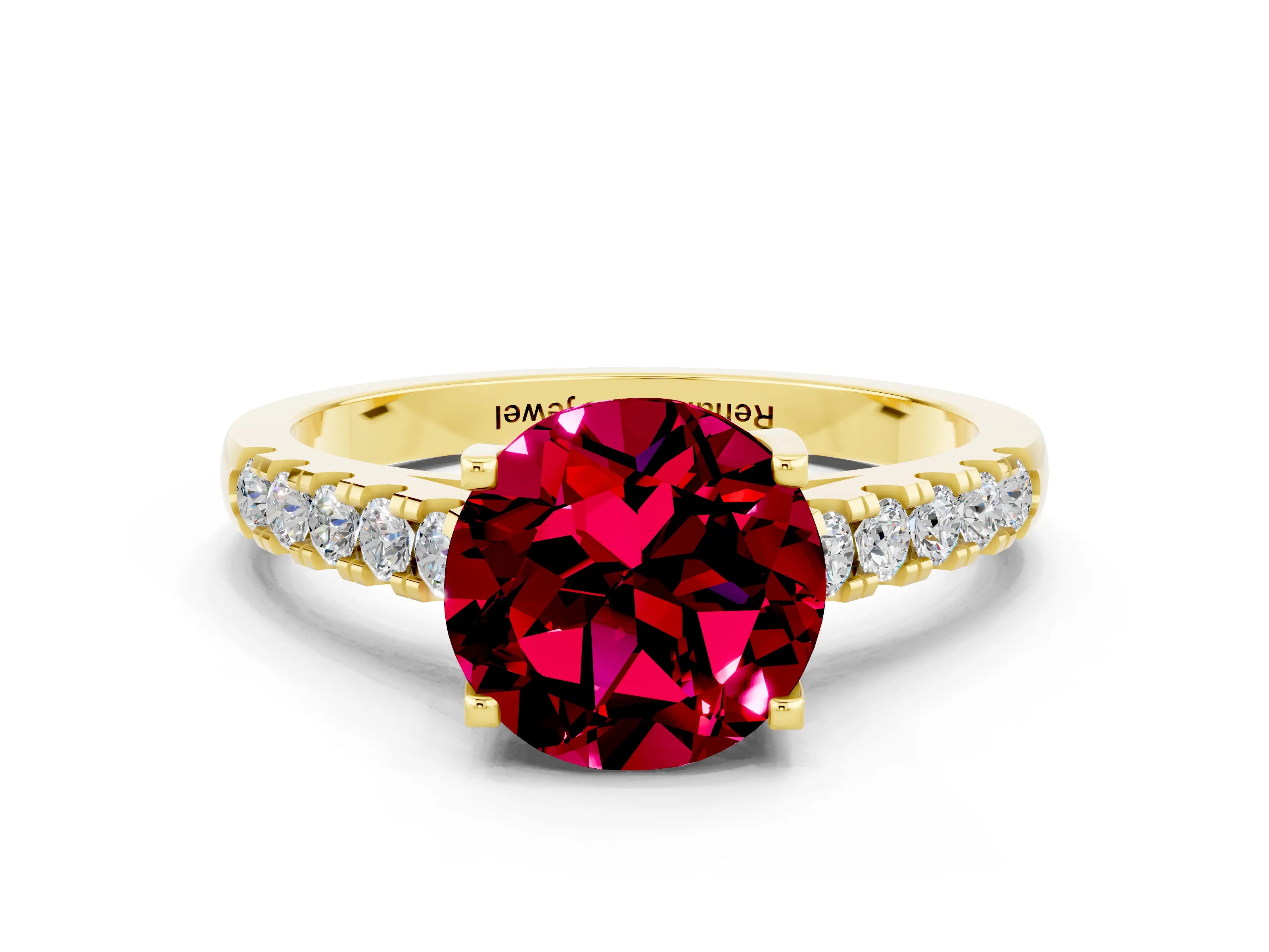 Yellow gold {shape_name} Garnet Solitaire Ring with Pavé Band and Four-Prong Setting