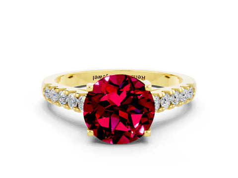 Yellow gold {shape_name} Garnet Solitaire Ring with Pavé Band and Four-Prong Setting