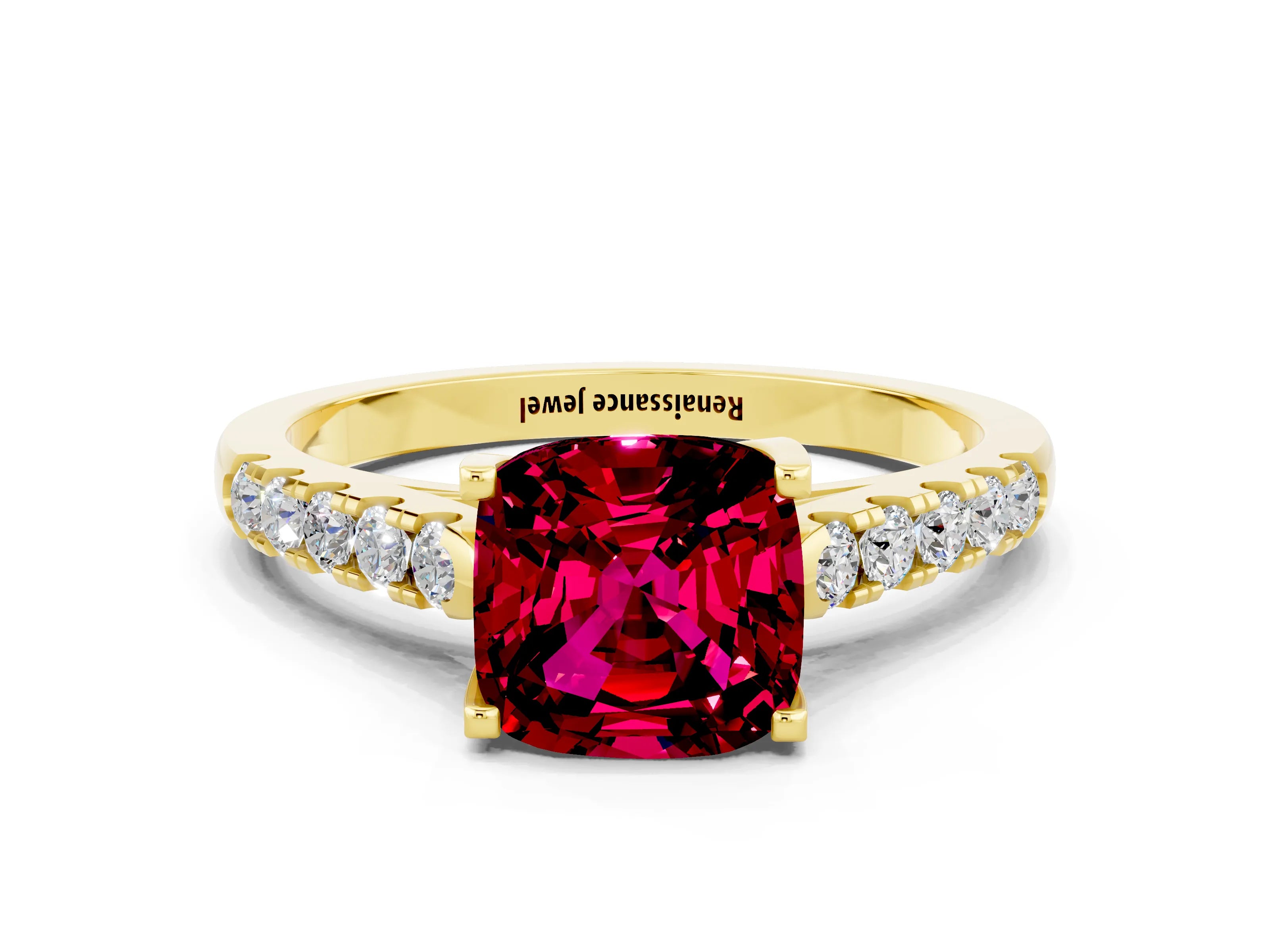Yellow gold {shape_name} Garnet Solitaire Ring with Pavé Band and Four-Prong Setting