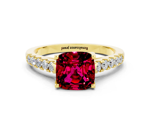 Yellow gold {shape_name} Garnet Solitaire Ring with Pavé Band and Four-Prong Setting
